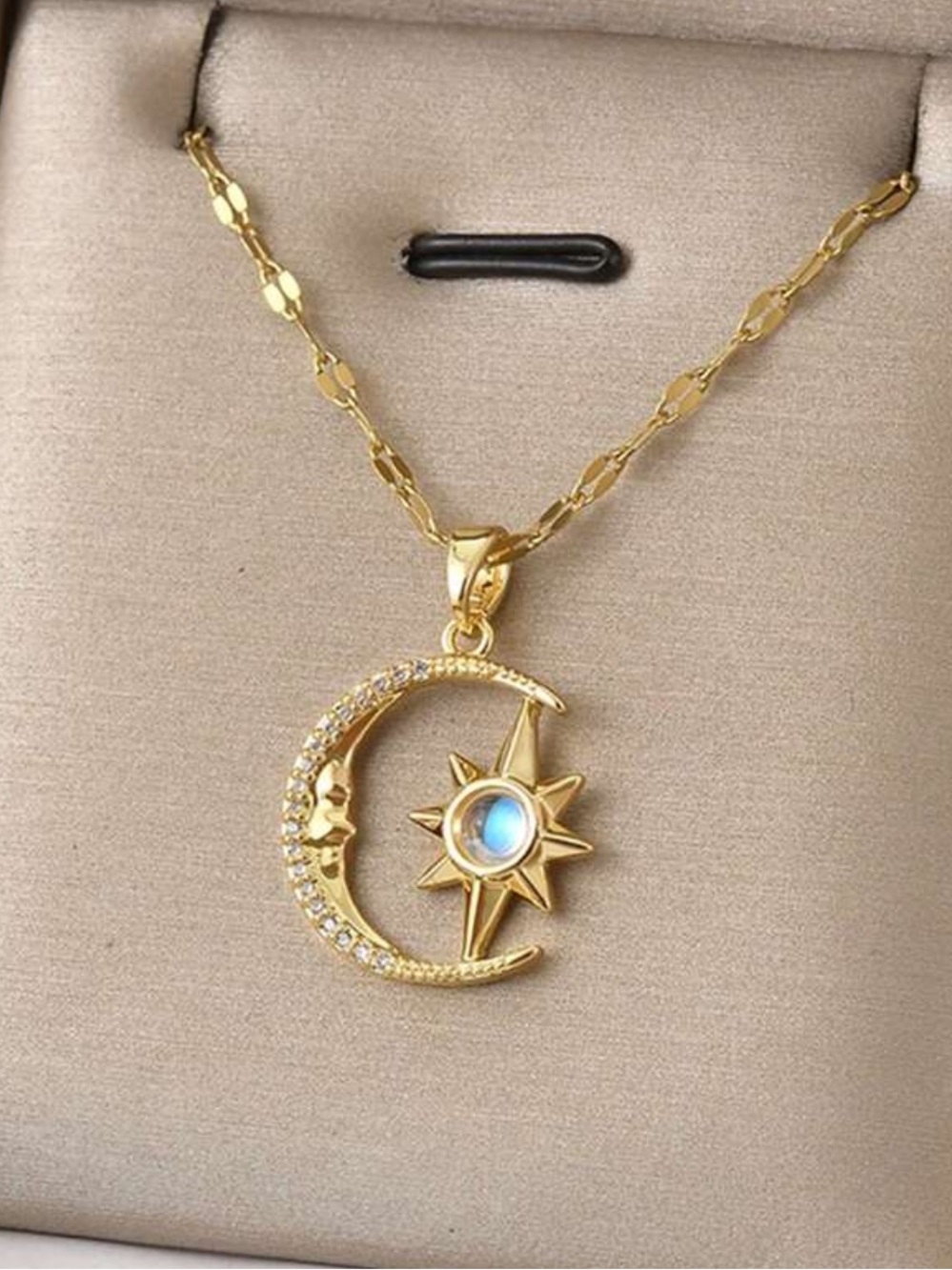 Gold Moon & Star Opalescent Pendant Necklace - Women Jewelry